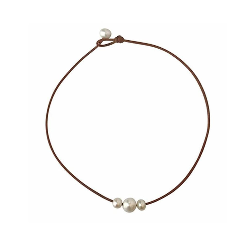 Daisy No Knot Necklace: Brown leather cord necklace with three off-white pearls.
