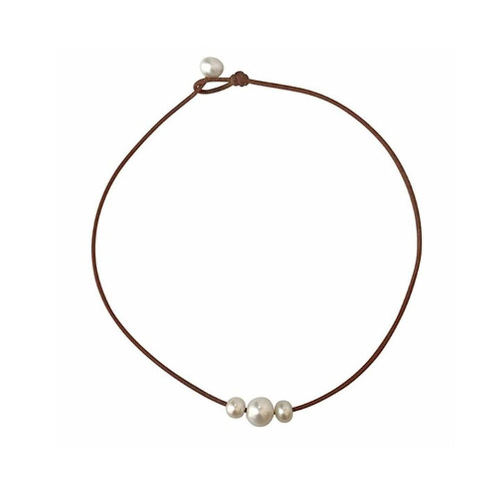 Daisy No Knot Necklace: Brown leather cord necklace with three off-white pearls.
