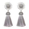 Silver Daisy Tassel Hoop Earrings with crystal accents
