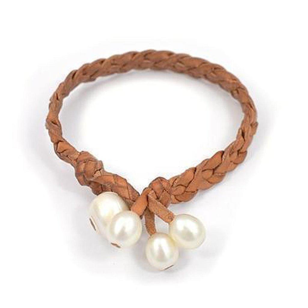 Dallas Four Step Freshwater Pearl Leather Bracelet, tan braided leather, white pearls

