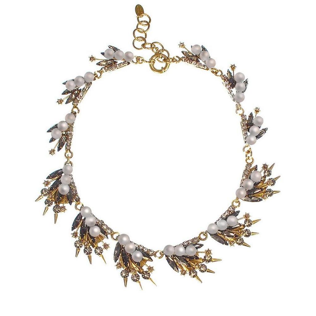 Danae Necklace with glass pearls; gold chain, gray & gold accents
