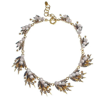 Danae Necklace with glass pearls; gold chain, gray & gold accents
