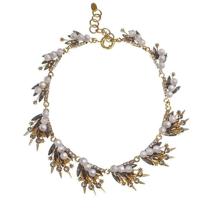 Danae Necklace with glass pearls; gold chain, gray & gold accents
