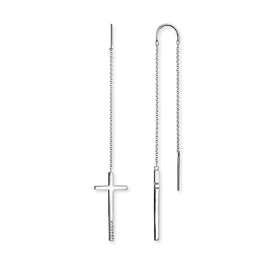 Silver dangle earrings with a diamond-accented cross charm and a sleek bar pendant.

