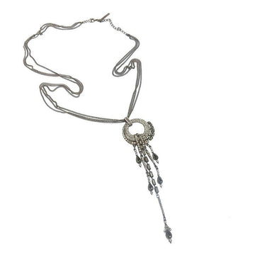 Elegant silver necklace with crystal and dark stone accents, featuring a layered chain and dangling pendant.
