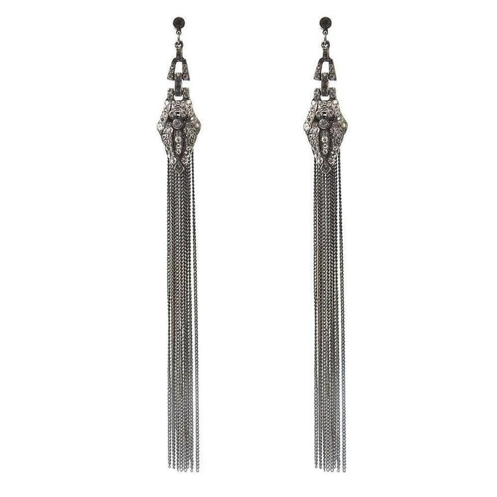 Deco Shoulder Duster Earrings:  Long silver chain tassel earrings with crystal accents.
