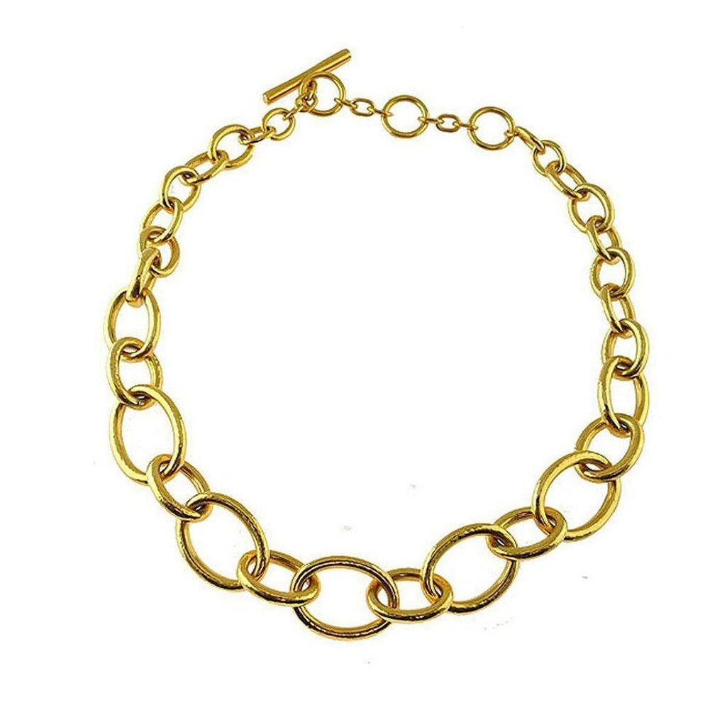 Gold graduated link chain necklace; statement piece.
