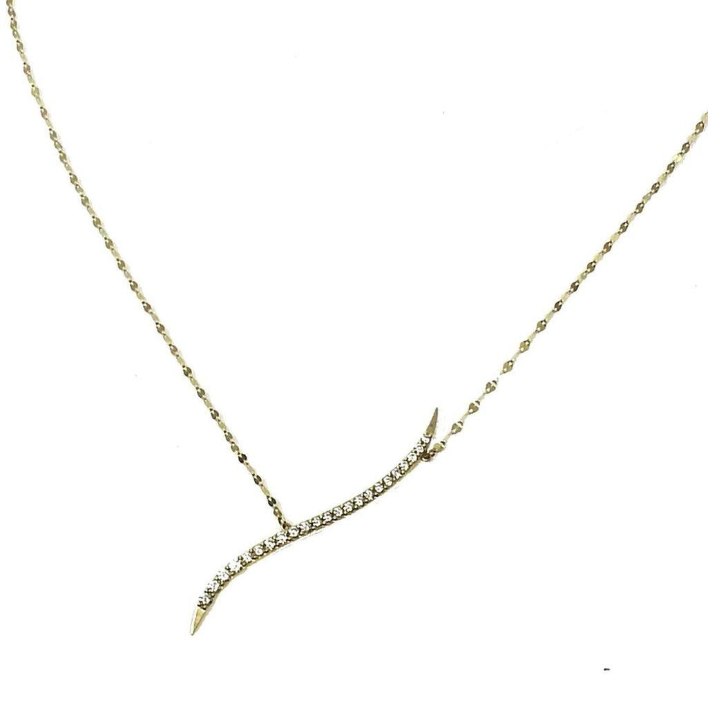 Elegant gold diamond bar necklace with curved design.
