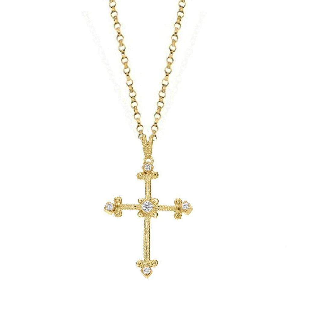 Gold diamond cross necklace with textured detailing.

