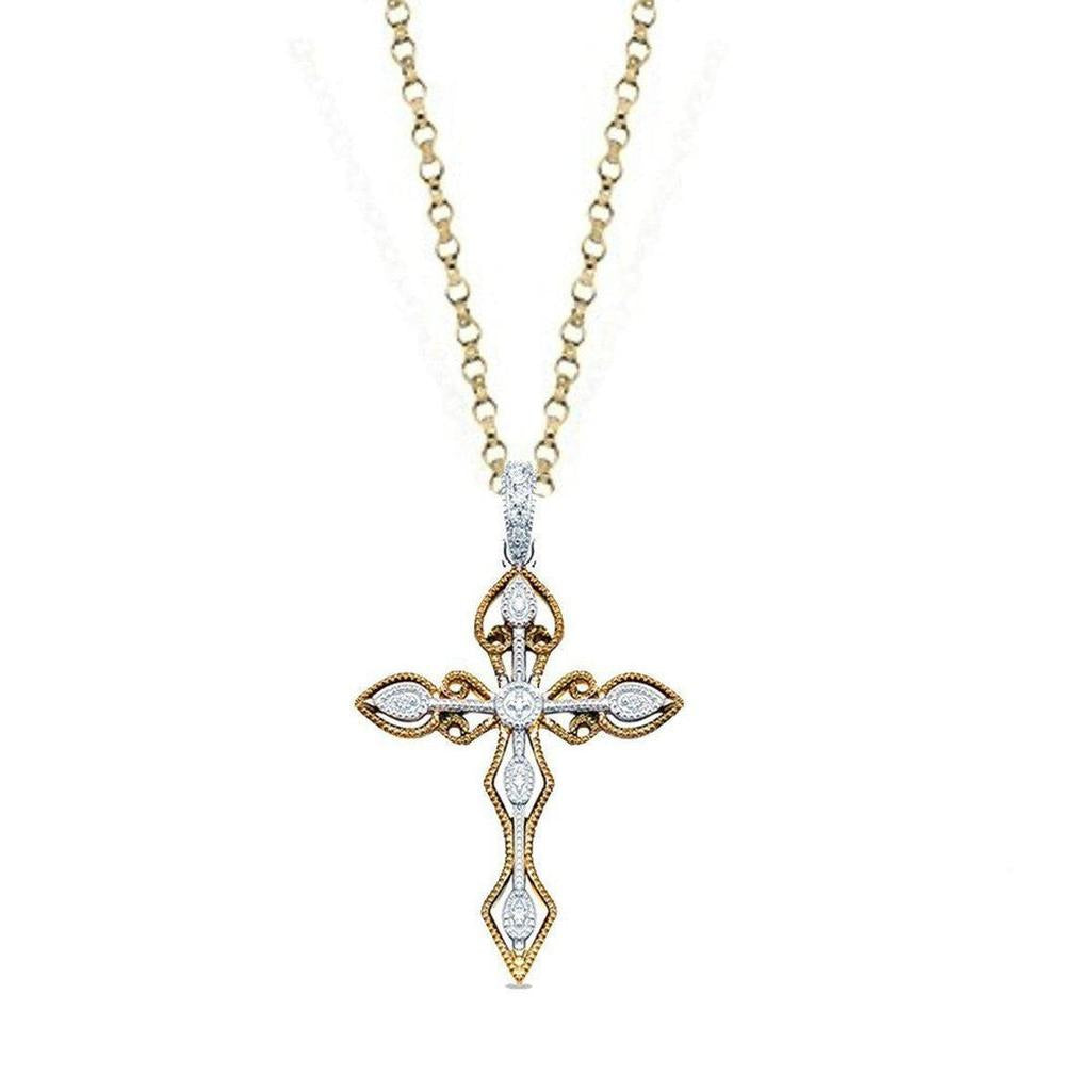 Diamond Cross pendant necklace in yellow and white gold with intricate detailing.
