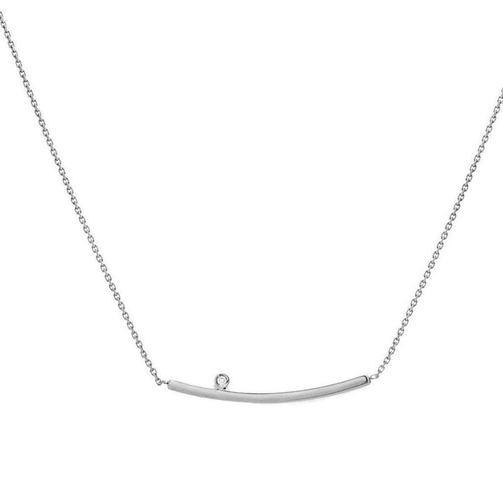 Silver curved bar necklace with a single diamond accent.
