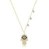 Diamond Hand of Fatima necklace with evil eye charm and three diamond accents.
