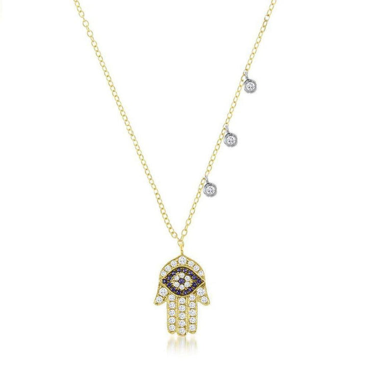 Diamond Hand of Fatima necklace with evil eye charm and three diamond accents.
