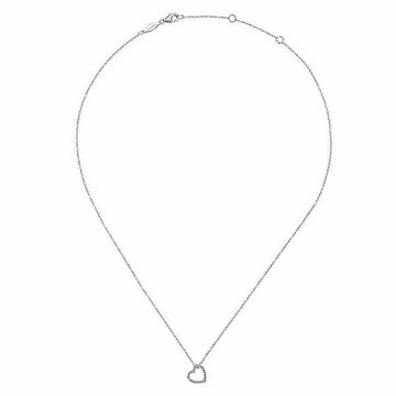 Dainty silver chain necklace with a small diamond heart pendant.
