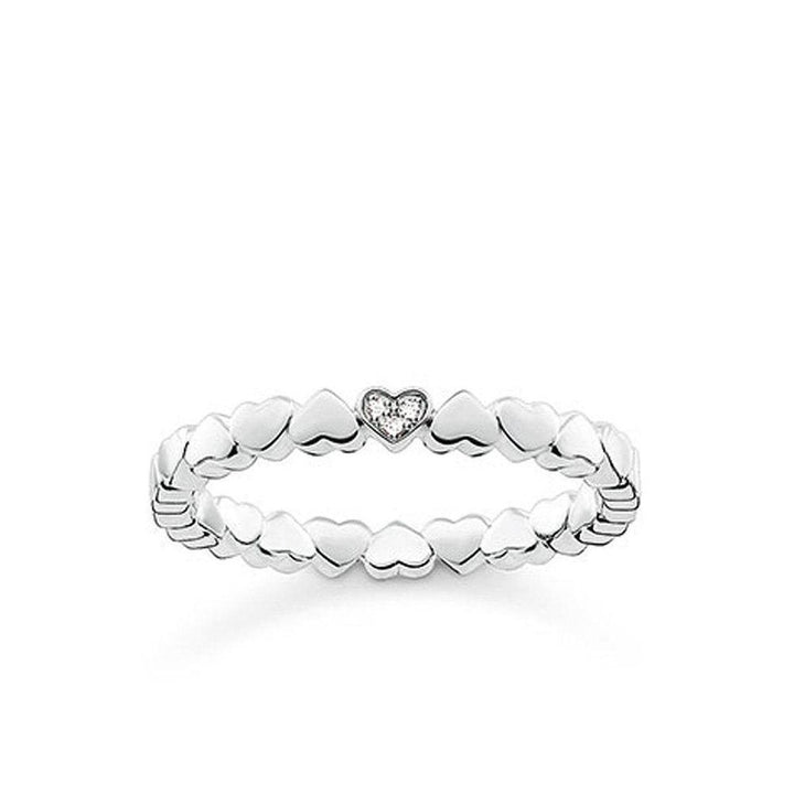 Diamond Hearts Band: Sterling silver ring with tiny hearts & a sparkling center diamond.
