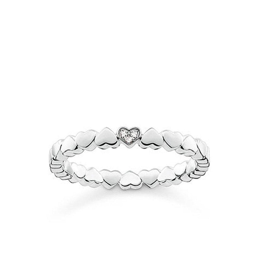 Diamond Hearts Band: Sterling silver ring with tiny hearts & a sparkling center diamond.
