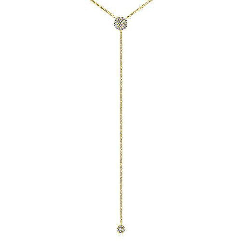 Gold diamond lariat necklace with two small pave diamond accents.
