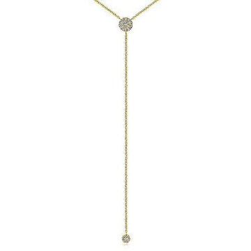 Gold diamond lariat necklace with two small pave diamond accents.
