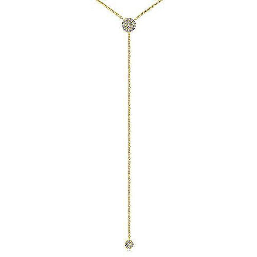 Gold diamond lariat necklace with two small pave diamond accents.
