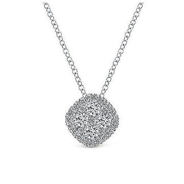 Elegant diamond pendant necklace featuring a cushion-cut cluster of shimmering diamonds.
