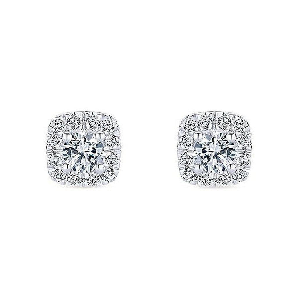 Diamond halo stud earrings with square-shaped settings.
