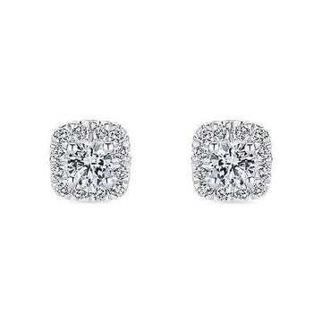 Diamond halo stud earrings with square-shaped settings.
