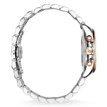 Rose gold and silver chronograph watch, detailed side profile showcasing the bracelet and clasp.
