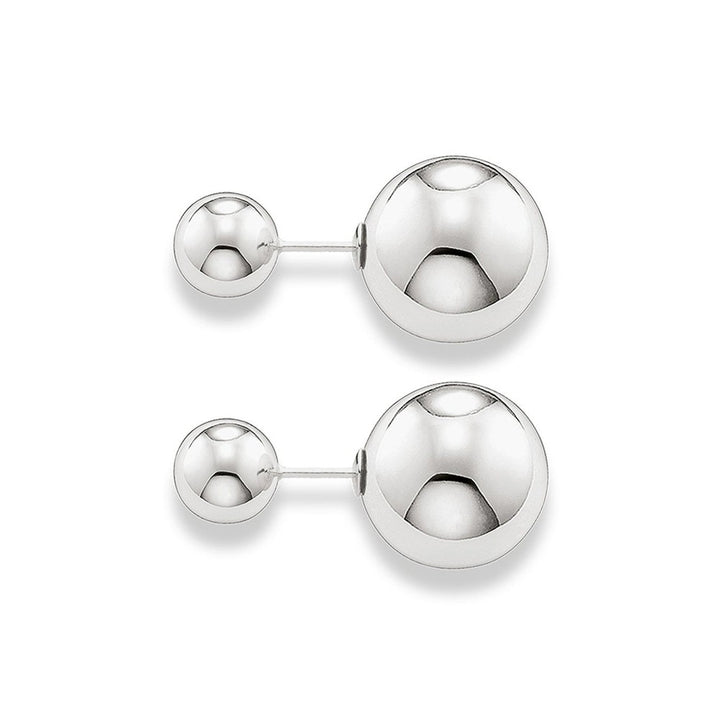 Silver double ball earrings; polished, classic style.
