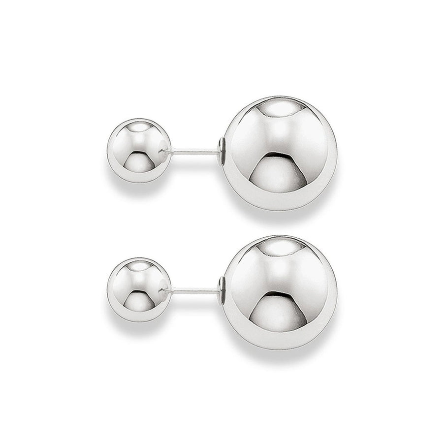 Silver double ball earrings; polished, classic style.
