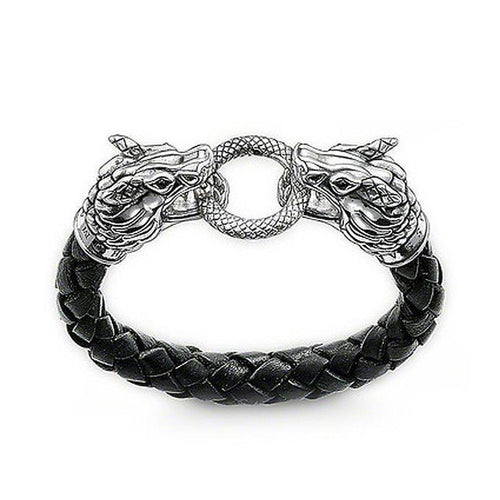 Double Dragon Leather and Silver Bracelet-Thomas Sabo-Swag Designer Jewelry