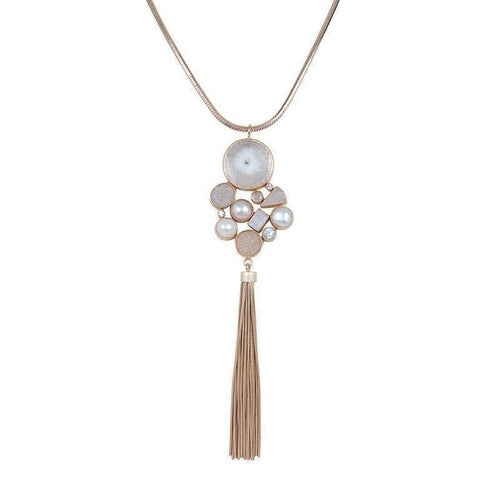 Druzy, Moonstone, and Pearl Tassel Necklace-Atelier Mon-Swag Designer Jewelry