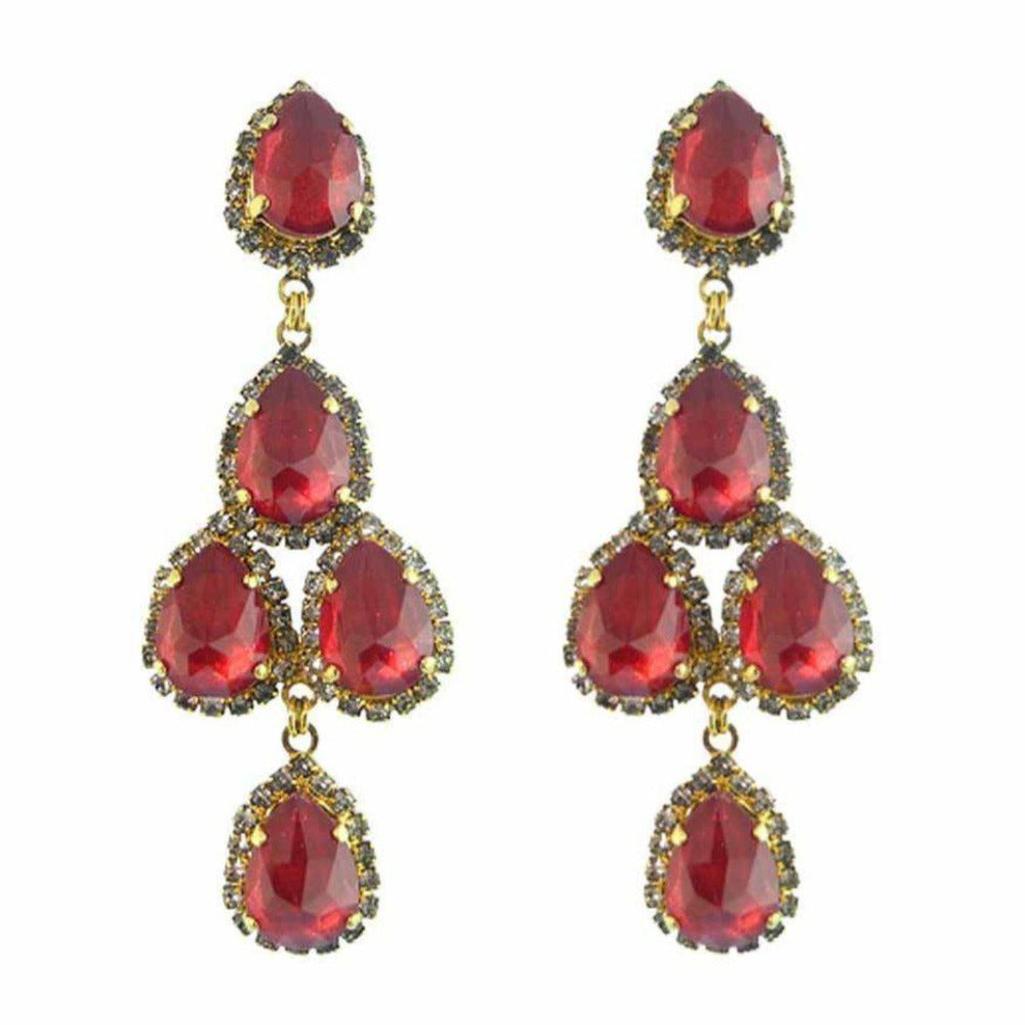Dutchess Of Fabulous Ruby earrings: statement chandelier style with red gemstone drops and gold accents.
