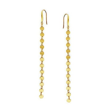 Gold Elite Disc Chain earrings; long, delicate design.
