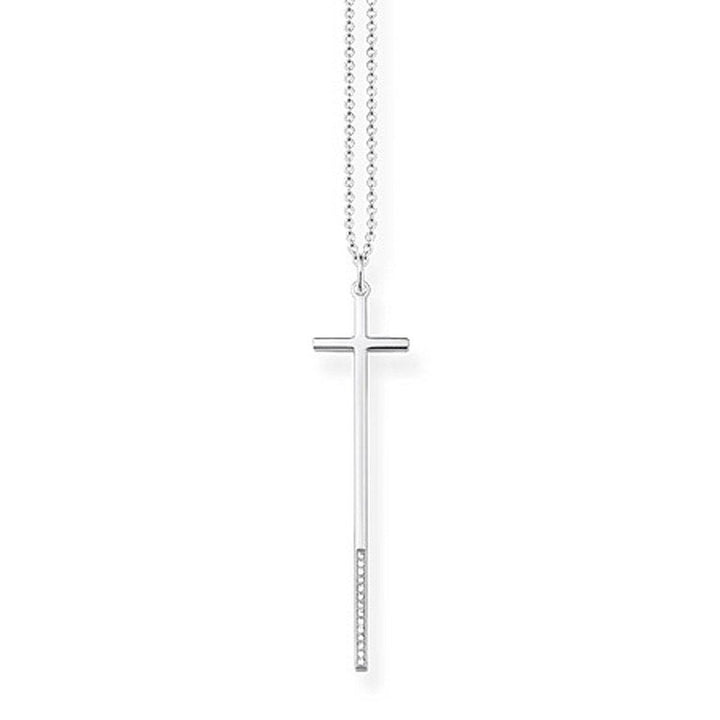 Elongated diamond cross necklace in silver, featuring a delicate chain and sparkling accents.
