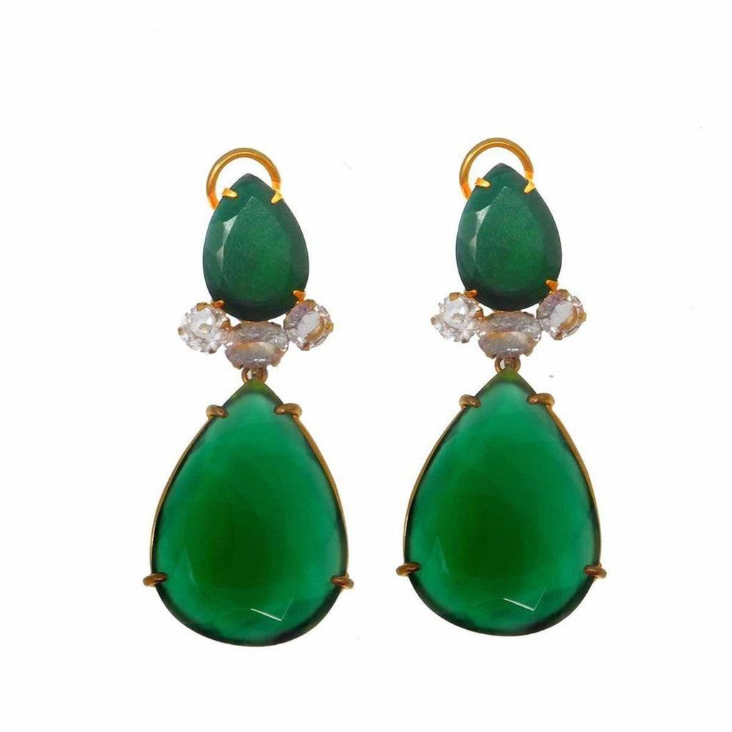 Emerald green onyx teardrop earrings with gold accents and clear cubic zirconia accents.
