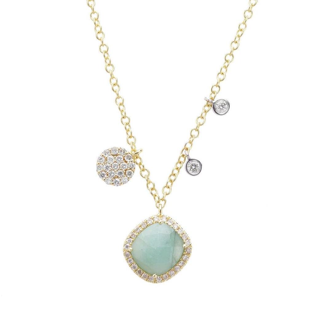 Emerald and diamond necklace in yellow gold with pave diamond accents
