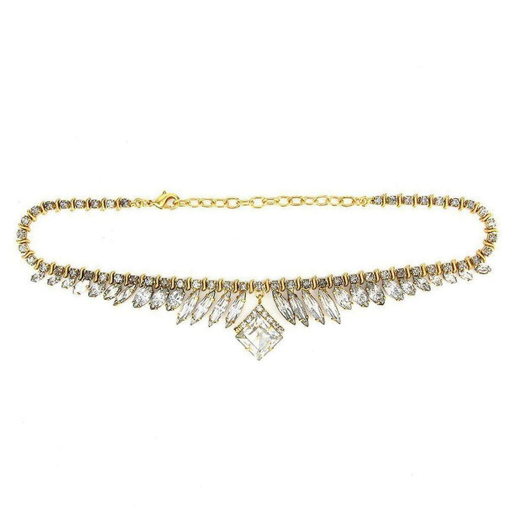 Gold Emira necklace with clear crystal marquise and square accents.

