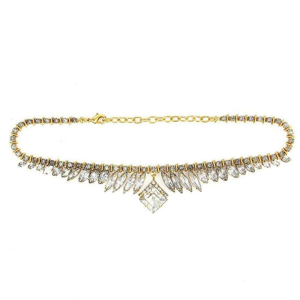 Gold Emira necklace with clear crystal marquise and square accents.
