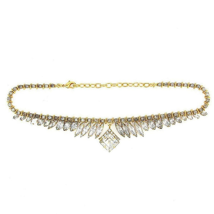 Gold Emira necklace with clear crystal marquise and square accents.

