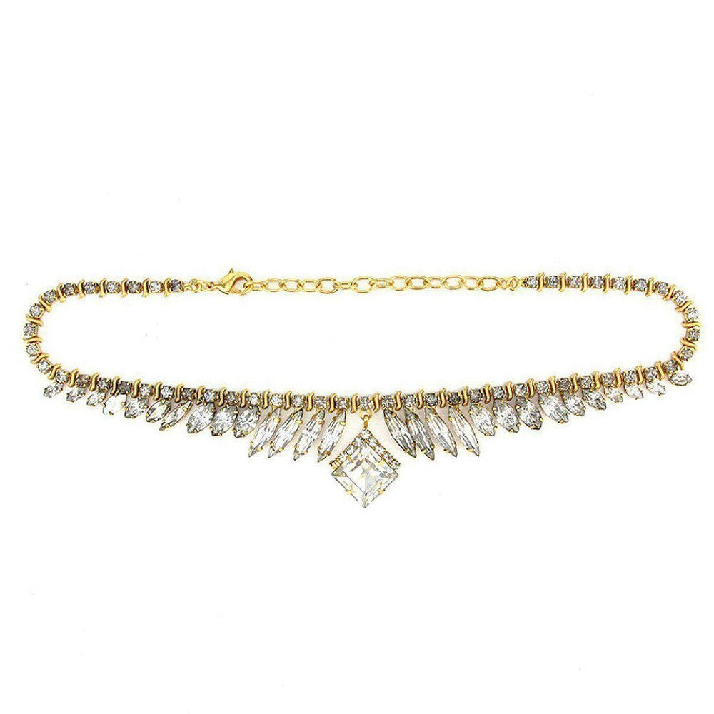Gold Emira necklace with clear crystal marquise and square accents.
