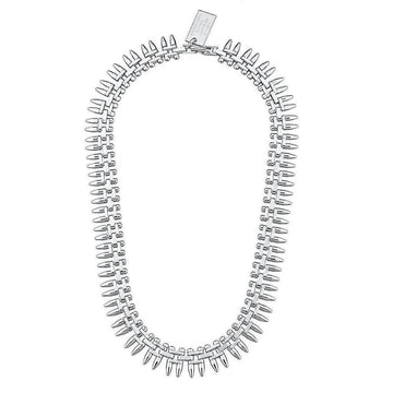 Silver bullet-shaped necklace, modern design, on white background.
