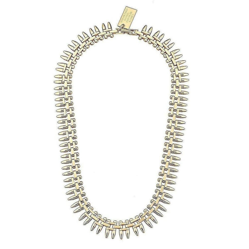 Gold Empowered Women necklace; bullet-shaped links, statement piece.
