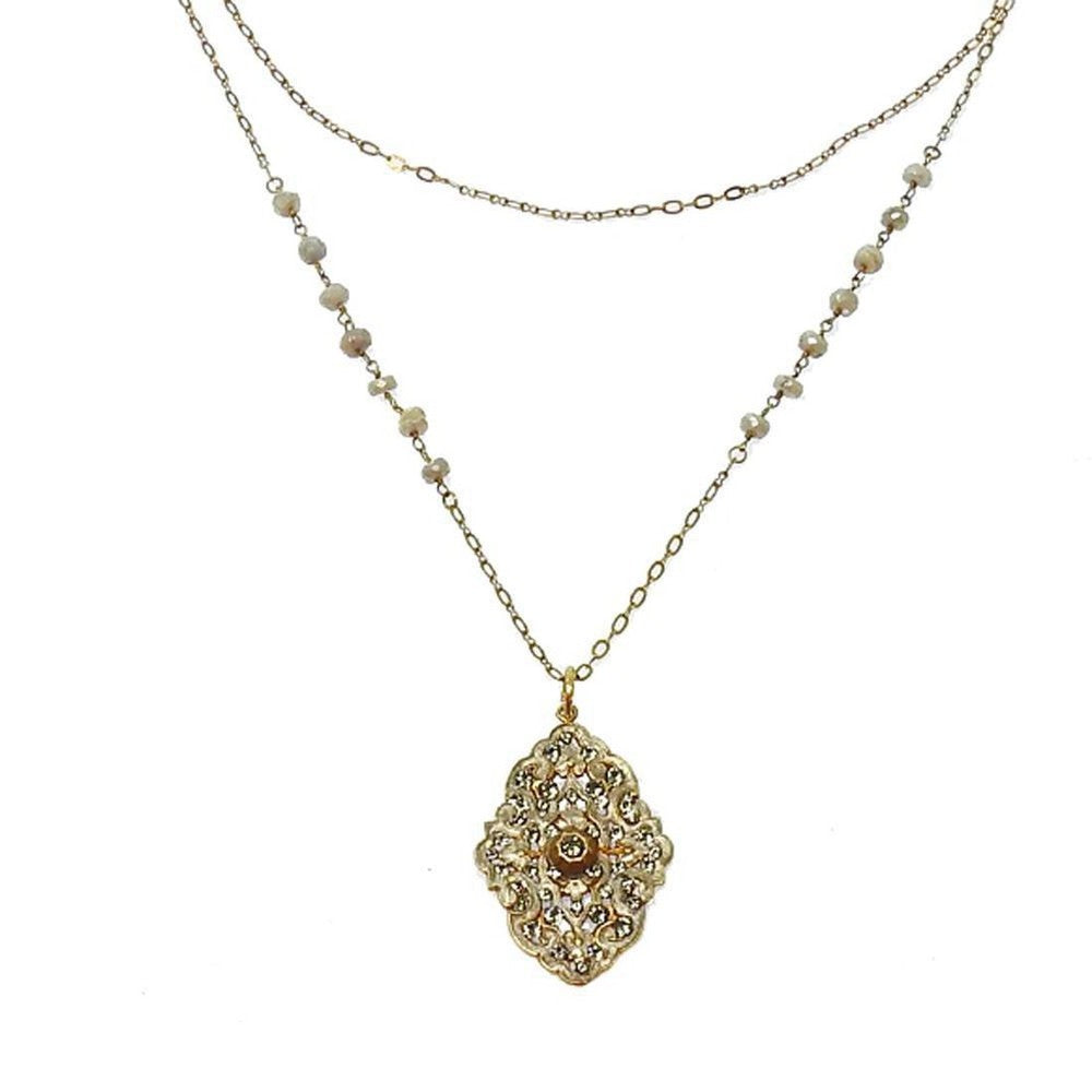 Gold enamel medallion necklace with beaded chain
