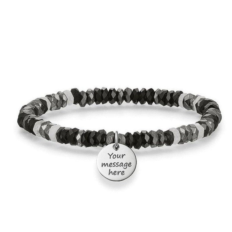 Engravable black bead bracelet with personalized charm
