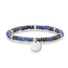 Engravable beaded bracelet with blue and black stones, silver charm.
