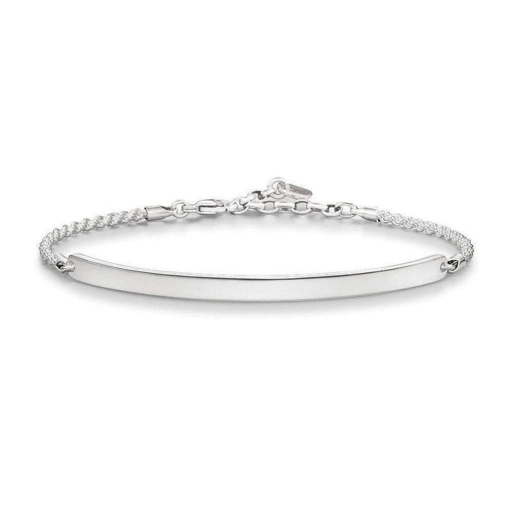 Engravable silver long bar bracelet with chain detail, perfect for personalization.
