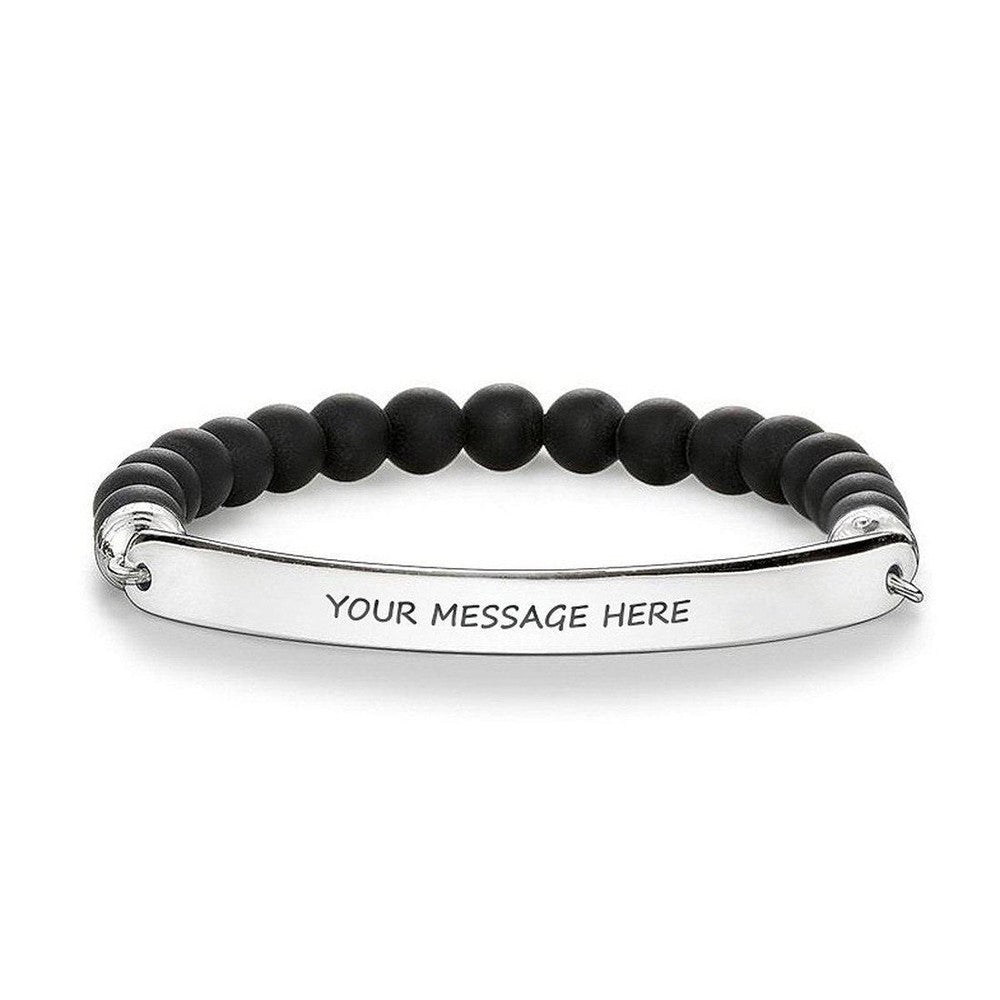 Black obsidian beaded bracelet with personalized silver bar.
