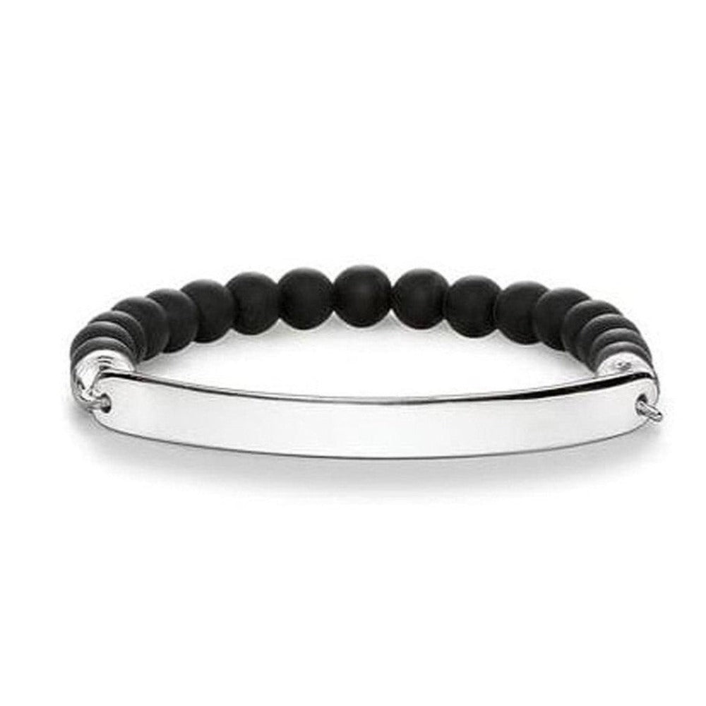 Engravable bracelet with obsidian beads and silver plate
