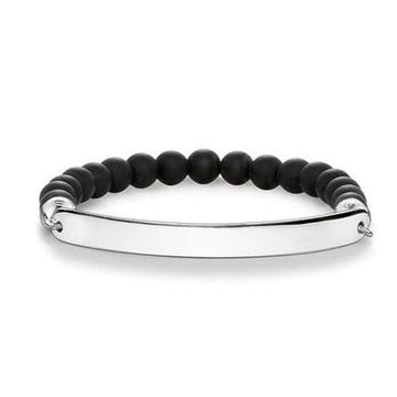 Engravable bracelet with obsidian beads and silver plate
