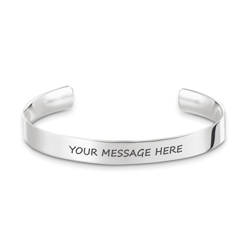 Engravable cuff bracelet in rose gold or silver, personalized with your message.
